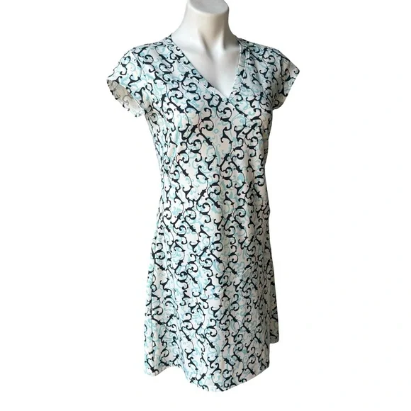 Athleta Nectar Blue White Scroll Vine Faux-Wrap Dress, Sz XS - Picture 4 of 12